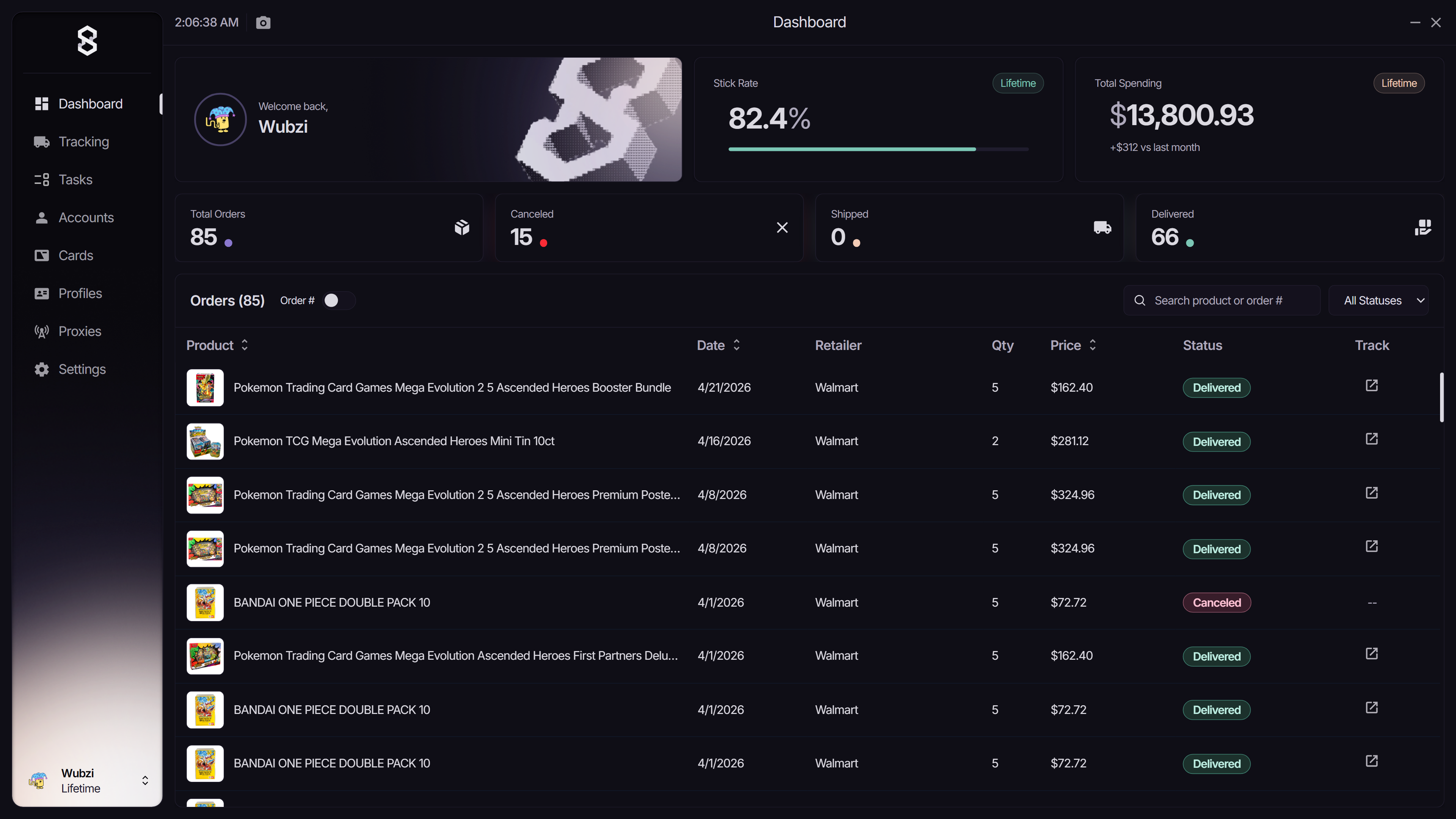 Serenity Tabs app Dashboard.