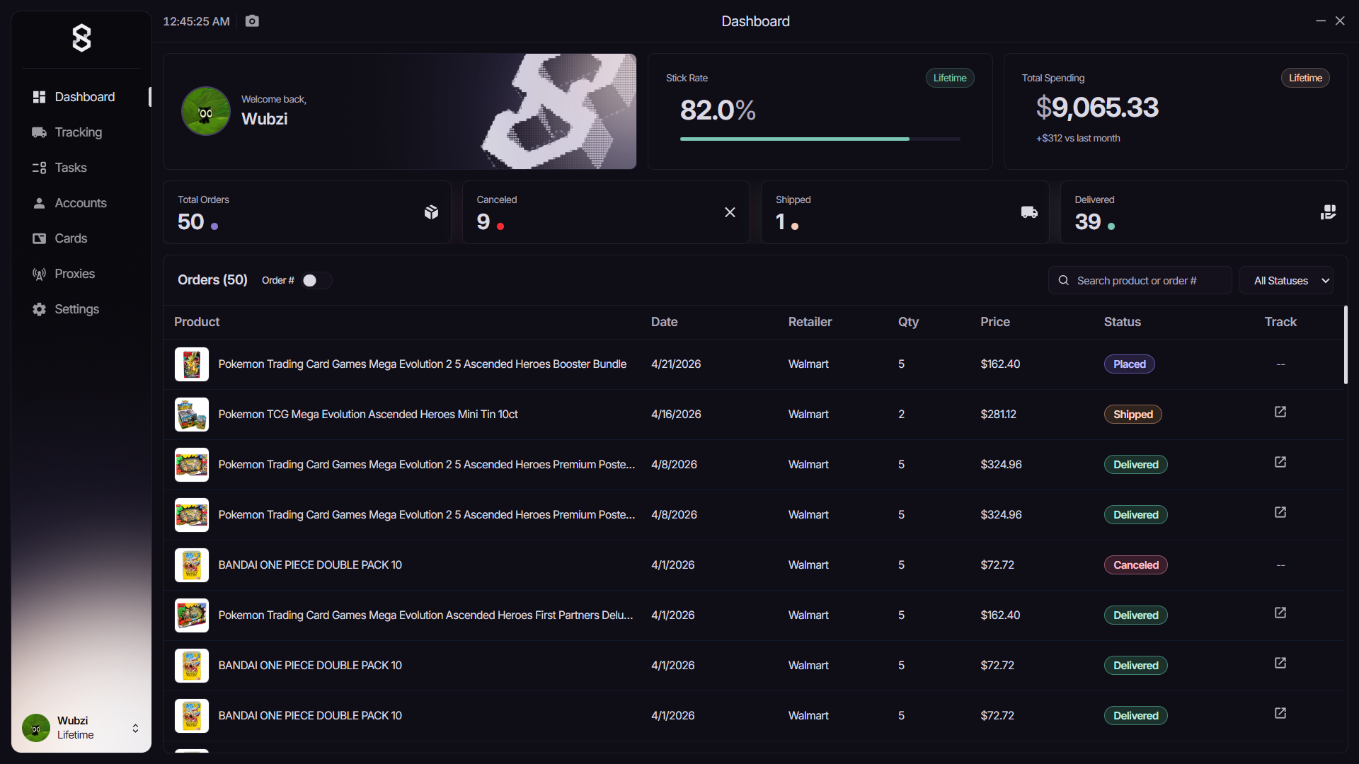 Serenity Tabs app Dashboard.